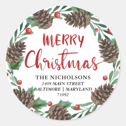 Sticker Rond Joyeux Noël Rouge Aquarelle Pinecones Adresse (Devant)