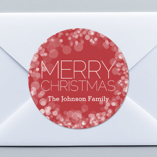 Sticker Rond Joyeux Noël Rouge Bokeh Personnalisé