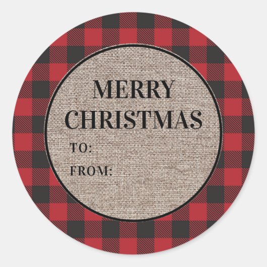 Sticker Rond Joyeux Noël Rouge Buffalo Laid Burlap De (Devant)