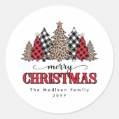 Sticker Rond Joyeux Noël Rouge Buffalo Plaid et Leopard Tree (Devant)