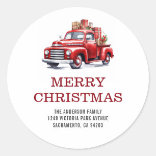 Sticker Rond Joyeux Noël Rouge Camion Famille Adresse de retour