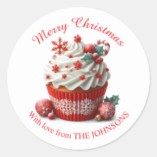 Sticker Rond Joyeux Noël Rouge Cupcake avec chevalet d'amour