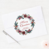 Sticker Rond Joyeux Noël rouge fleurs couronne hiver (Enveloppe)