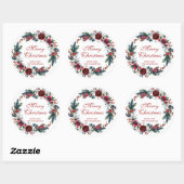 Sticker Rond Joyeux Noël rouge fleurs couronne hiver (Feuille)