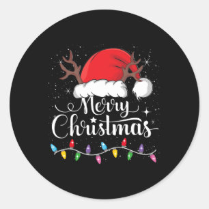 Sticker Rond Joyeux Noël Rouge Père Noël Chapeau Reindeer Famil