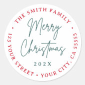 Sticker Rond Joyeux Noël rouge vert script retour adresse (Devant)