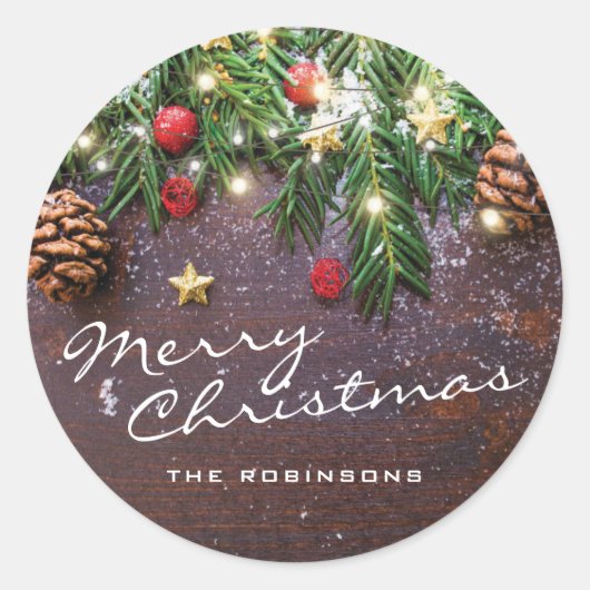 Sticker Rond Joyeux Noël rustique | Joyeuses fêtes (Devant)