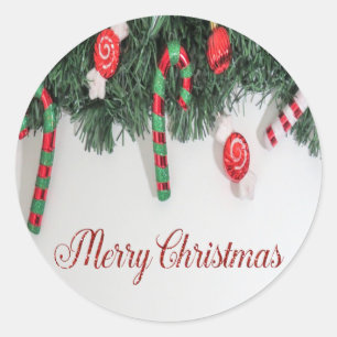Sticker Rond Joyeux Noël, Sapin, Canne de Bonbon