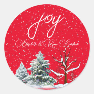 Sticker Rond Joyeux Noël Sapins Rouge Vert Flocons de neige