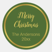 Sticker Rond Joyeux Noël Script Dark Green & Gold Nom Année (Devant)