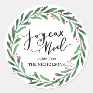 Sticker Rond Joyeux Noel Script Décontracté simple   Wreath