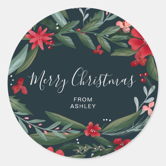 Sticker Rond Joyeux Noël script hiver floral rouge vert (Devant)