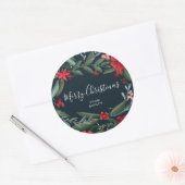 Sticker Rond Joyeux Noël script hiver floral rouge vert (Enveloppe)