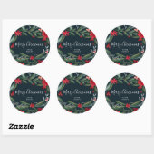 Sticker Rond Joyeux Noël script hiver floral rouge vert (Feuille)