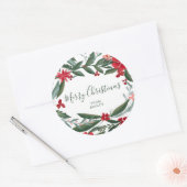 Sticker Rond Joyeux Noël script hiver floral rouge vert (Enveloppe)