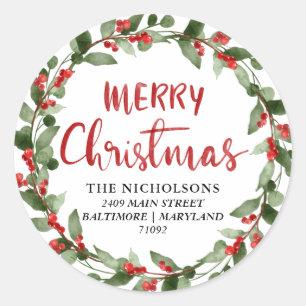 Sticker Rond Joyeux Noël Script Holiday Wreath Adresse
