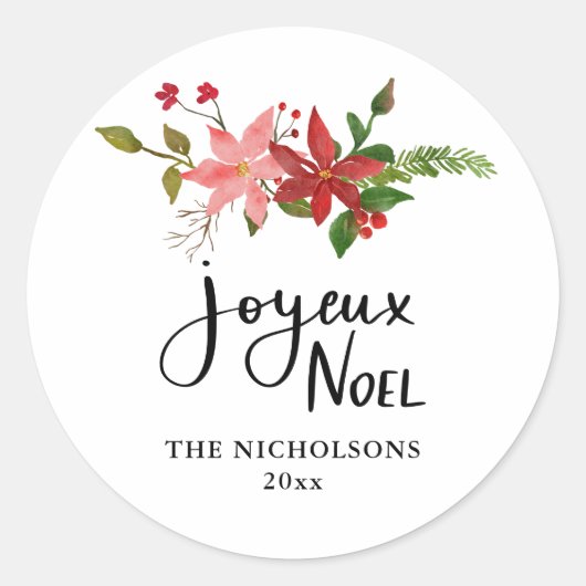 Sticker Rond Joyeux Noel Script manuscrit Poinsettia (Devant)