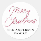 Sticker Rond Joyeux Noël Script & Nom de famille Personnalisé (Devant)