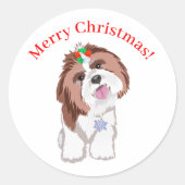 Sticker Rond Joyeux Noël Shih Tzu Avec Un Chien À Feu De Neige (Devant)