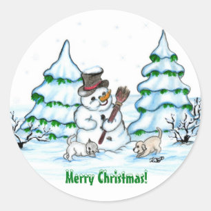 Sticker Rond Joyeux Noël ! Snowman avec chat et chiot