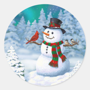 Sticker Rond Joyeux Noël Snowman & Birds Winter Scene