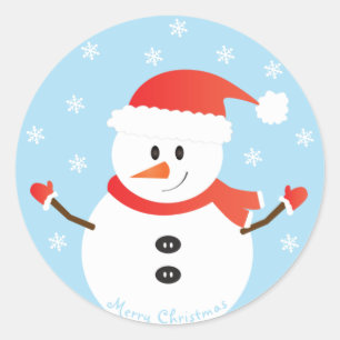 Sticker Rond Joyeux Noël Snowman Snowflakes Rouge