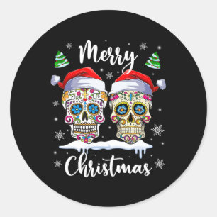 Sticker Rond Joyeux Noël Sugar Crâne Santa Chapeau Famille Noël