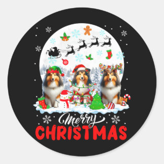 Sticker Rond Joyeux Noël Trois Père Noël Elf Reindeer Shetland