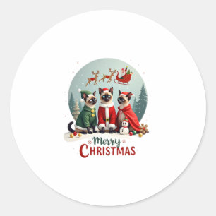 Sticker Rond Joyeux Noël Trois Père Noël Elf Reindeer Siamese C