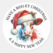 Sticker Rond Joyeux Noël | Vache amusante à Santa Hat (Devant)