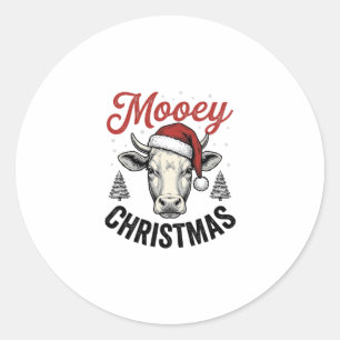 Sticker Rond Joyeux Noël Vache Chapeau de Père Noël Gravure Vin