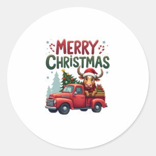 Sticker Rond Joyeux Noël Vache Highland Écossaise Noël Ferme An