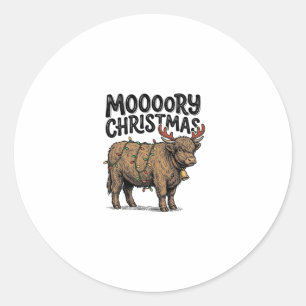 Sticker Rond Joyeux Noël Vache Highland Gravure Vintage T