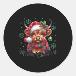Sticker Rond Joyeux Noël Vache Highland Lumières de Noël Vache