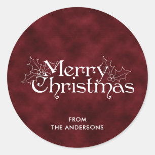 Sticker Rond Joyeux Noël Velours Rouge Foncé Vintage Classique
