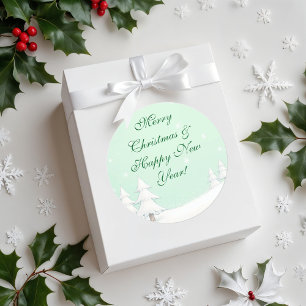 Sticker Rond Joyeux Noël vert et pins neigeux