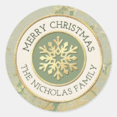 Sticker Rond Joyeux Noël Vert Sauge et Or Nom de Flocon de Neig (Devant)