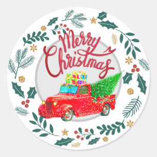 Sticker Rond Joyeux Noël vintage Camion Rouge