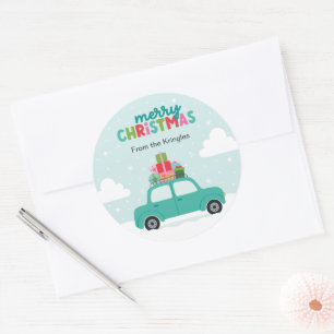 Sticker Rond Joyeux Noël Voiture avec Cadeaux en Turquoise Past