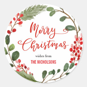 Sticker Rond Joyeux Noël Wreath Red Script Couronne