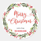 Sticker Rond Joyeux Noël Wreath Red Script | Couronne (Devant)