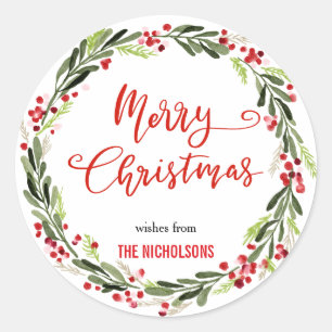Sticker Rond Joyeux Noël Wreath Red Script Couronne