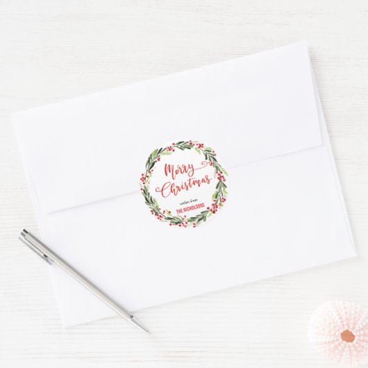 Sticker Rond Joyeux Noël Wreath Red Script | Couronne (Enveloppe)