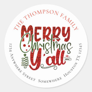 Sticker Rond Joyeux Noël Y’All Parties scintillant Nom Adresse