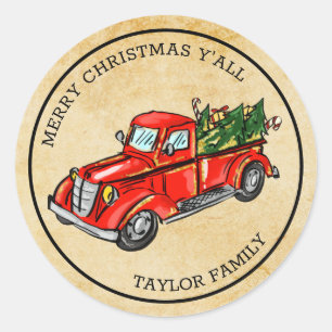 Sticker Rond joyeux noël y'all camion rouge vintage