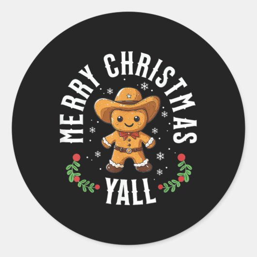 Sticker Rond Joyeux Noël Yall Gingerbread Cowboy Western (Devant)
