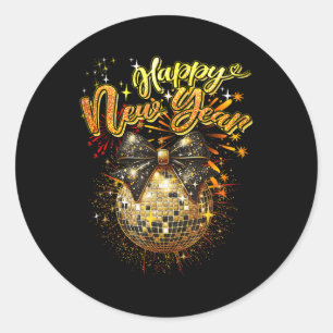 Sticker Rond Joyeux Nouvel An Coquette Bow Disco Nouvel An Eve