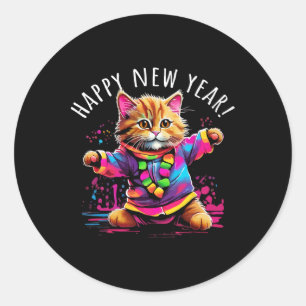 Sticker Rond Joyeux Nouvel An Fête Danser Design Chat