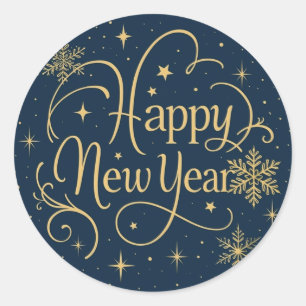 Sticker Rond Joyeux Nouvel An Flocon de Neige en Or