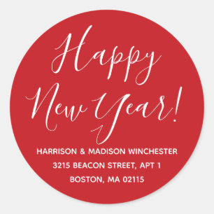 Sticker Rond Joyeux Nouvel An rouge blanc script adresse de ret